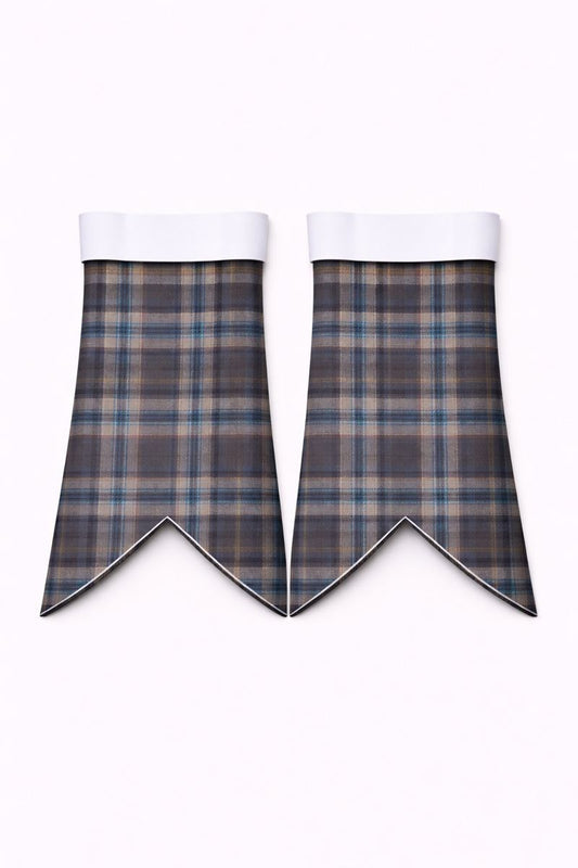 Handmade Harris Mist tartan flashes worn with traditional Scottish kilt hose