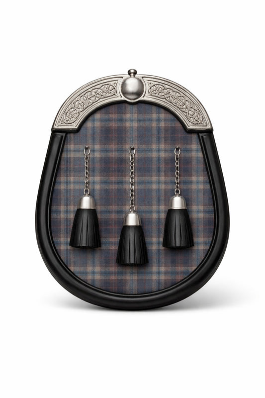 Handmade Harris Mist tartan sporran with subtle Scottish design worn with kilt