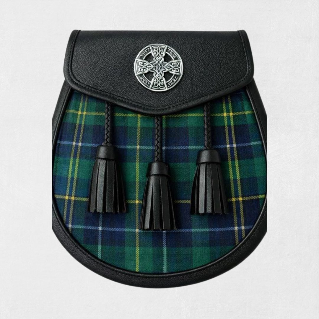 Handmade Henderson tartan sporran with traditional tassels and leather backing for classic Scottish kilt outfits