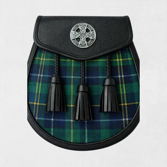 Handmade Henderson tartan sporran with traditional tassels and leather backing for classic Scottish kilt outfits