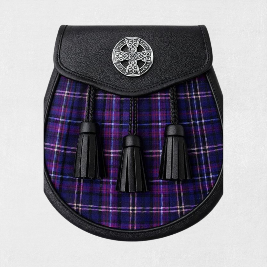 Handmade Heritage of Scotland tartan sporran with leather backing and traditional tassels for Scottish kilt outfits