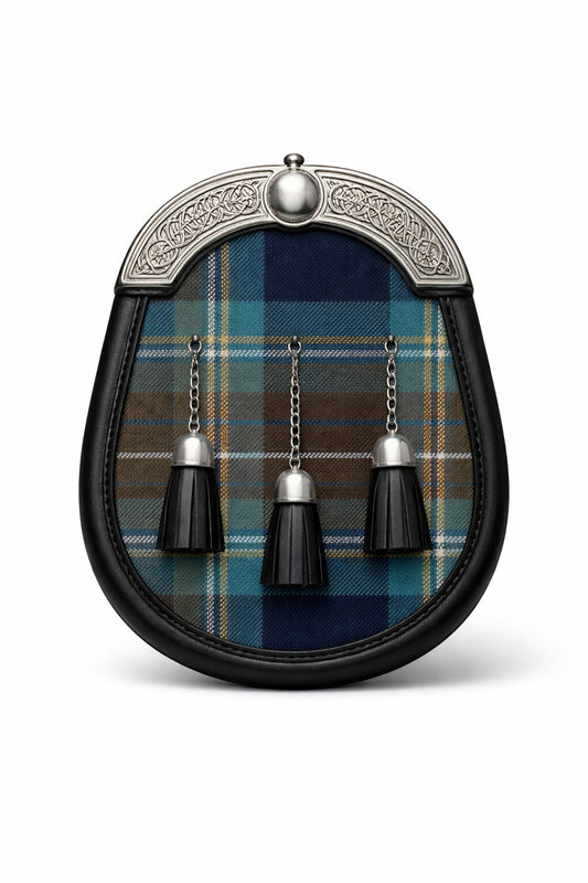 Handmade Holyrood tartan sporran with traditional Scottish design worn with kilt