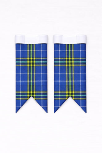 Handmade Isle of Harris tartan flashes worn with traditional Scottish kilt hose for Highland dress