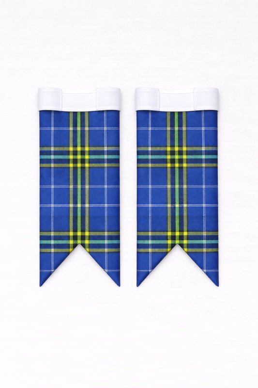 Handmade Isle of Harris tartan flashes worn with traditional Scottish kilt hose for Highland dress