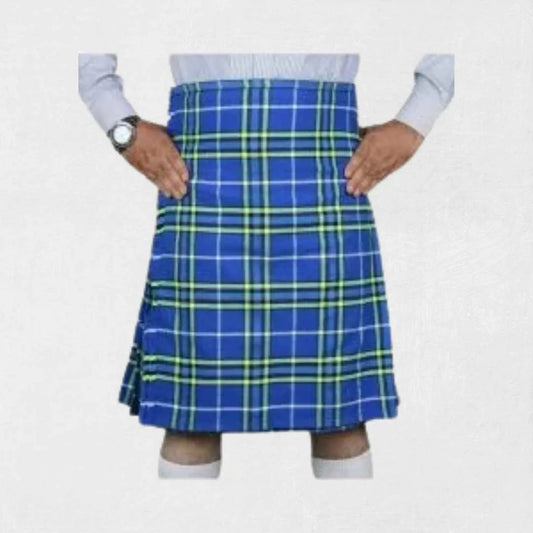 Handmade Isle of Harris tartan kilt in blue, green, brown, and grey design