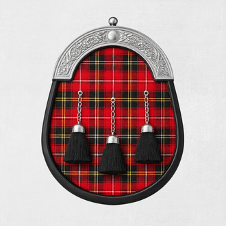Handmade MacDonald tartan sporran with traditional tassels and leather backing for classic Scottish kilt outfits