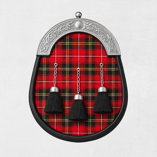 Handmade MacDonald tartan sporran with traditional tassels and leather backing for classic Scottish kilt outfits