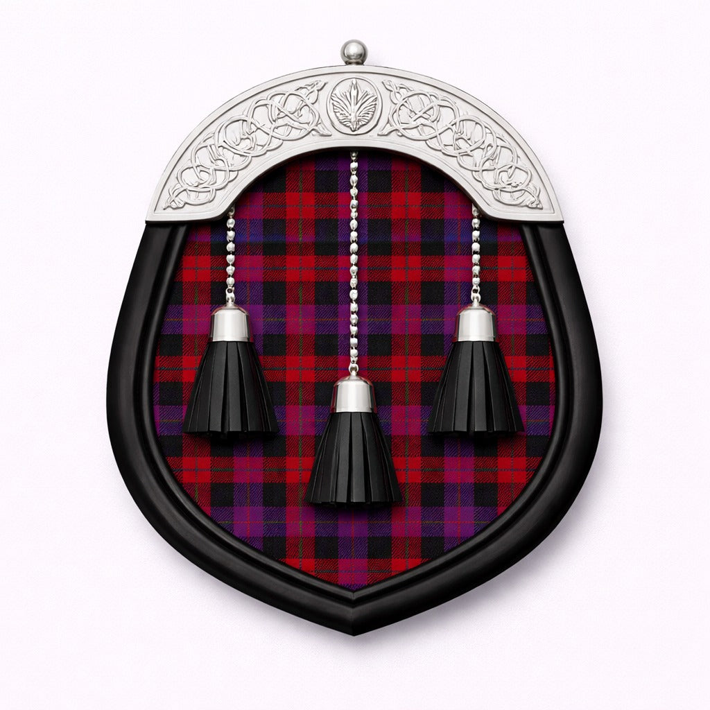 Handmade brown tartan sporran with traditional Scottish design worn with kilt

