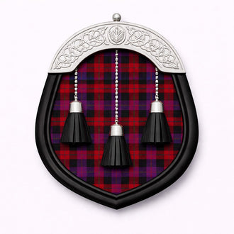 Handmade brown tartan sporran with traditional Scottish design worn with kilt
