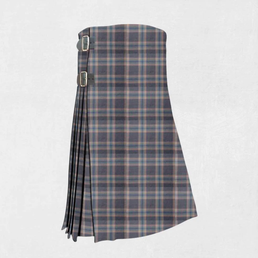 Hand made Harris Mist tartan kilt with grey, blue, and white check pattern
