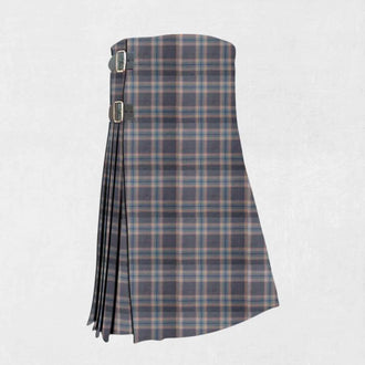 Hand made Harris Mist tartan kilt with grey, blue, and white check pattern