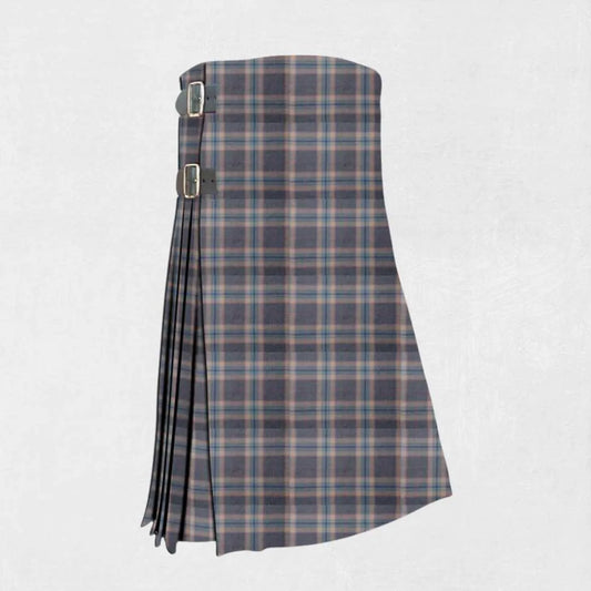 Hand made Harris Mist tartan kilt with grey, blue, and white check pattern