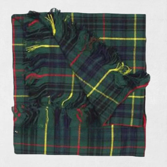 Hunting Stewart tartan fly plaid in red and green over shoulder on formal Scottish attire