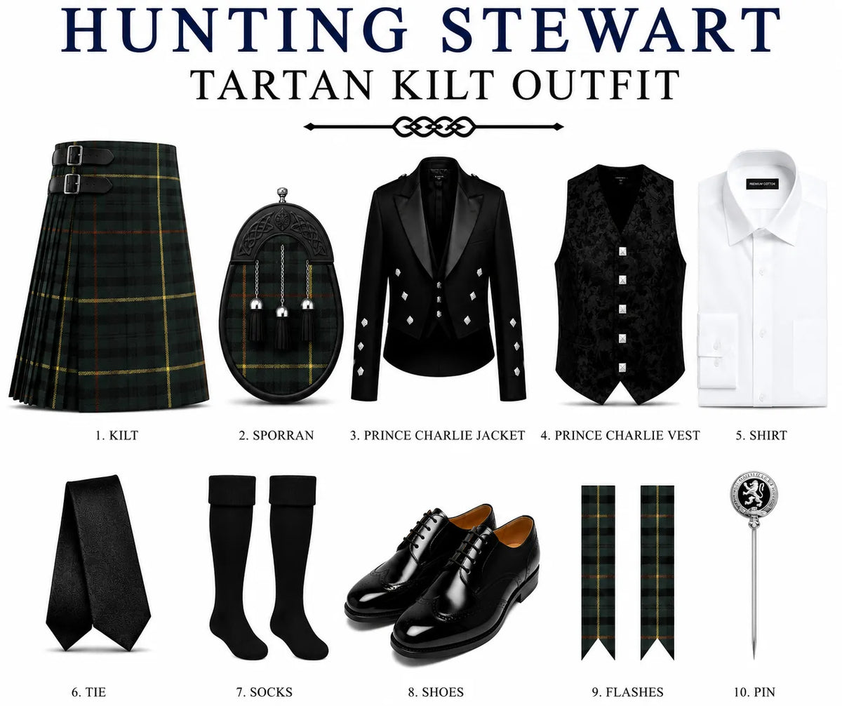 A product display sheet for the 'Hunting Stewart Tartan Kilt Outfit' showing ten pieces of clothing and accessories arranged in two rows on a white background. The top row includes a black tartan kilt, a black sporran, a black Prince Charlie jacket, a black vest, and a white shirt.