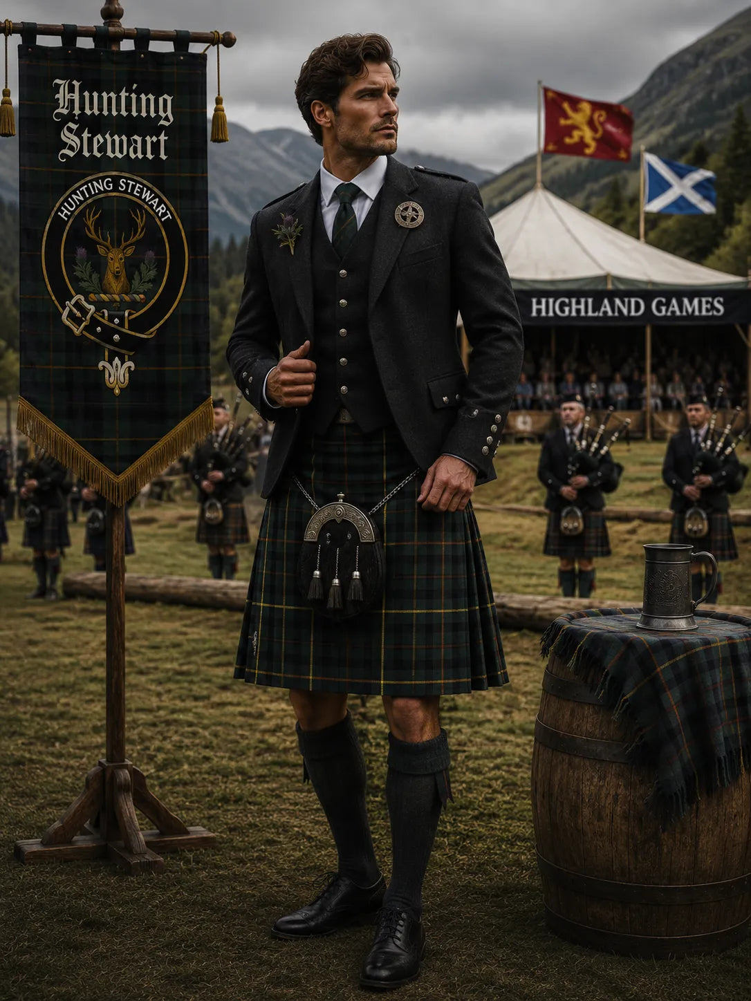 Hunting Stewart Tartan Outfit With Prince Charlie Jacket featuring a traditional Scottish kilt and formal Highland accessories