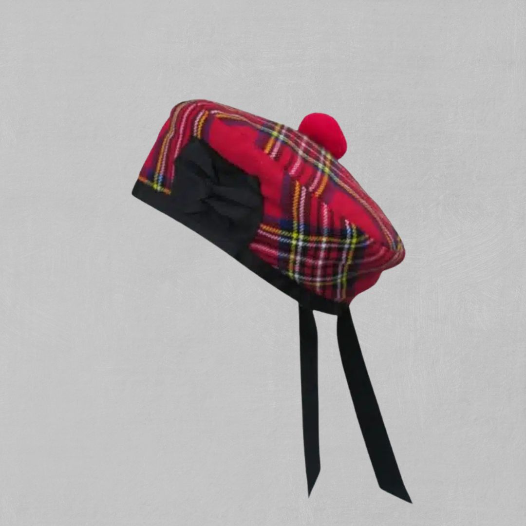 Front view of Irish National Tartan Balmoral Hat with toorie and tartan pattern