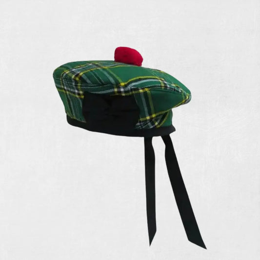 Front view of Irish National Tartan Balmoral Hat with toorie and cockade