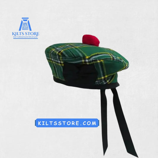 Front view of Irish National Tartan Balmoral Hat with toorie and cockade