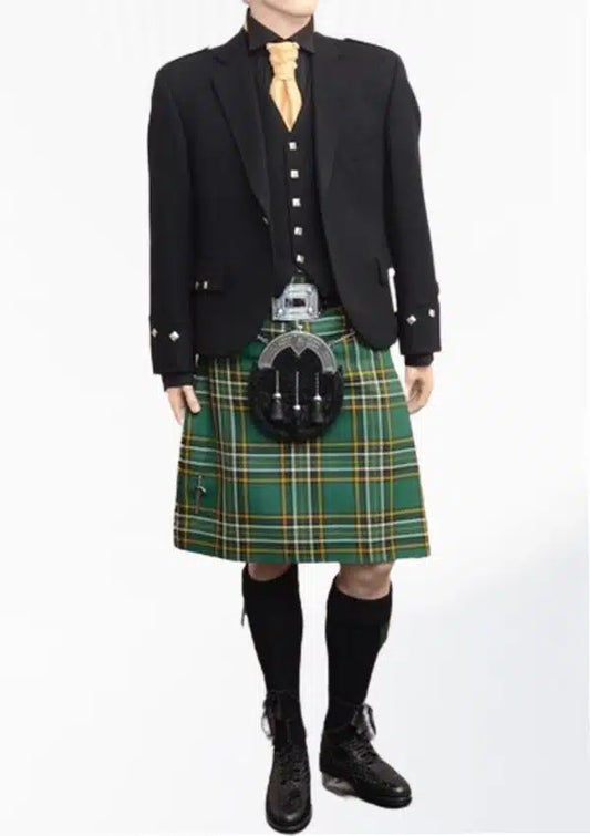 Front view of the Irish National Tartan Kilt Outfit for Sale, showcasing the vibrant green, red, and yellow tartan pattern on the kilt, with a matching jacket and vest for a sophisticated look.