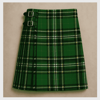 Irish National Tartan Kilt featuring traditional Celtic tartan, knife pleats, and adjustable leather straps