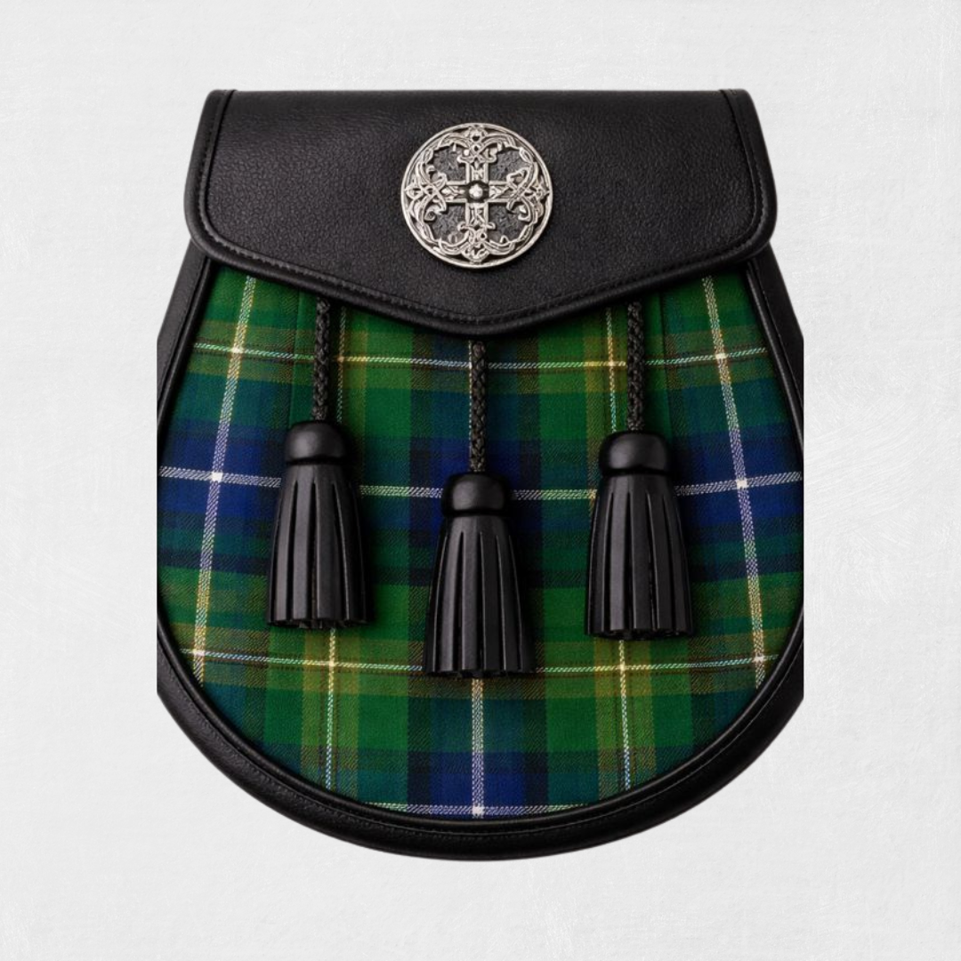 Jones Clan tartan sporran with traditional tassels and leather backing for Scottish kilt outfits