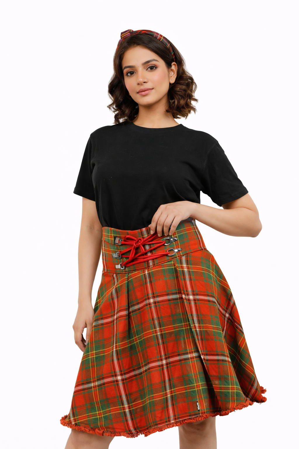 Lace-Up Plaid Skirt for women, stylish casual and office wear