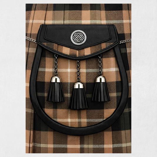 Lamont Weathered tartan sporran with leather backing and traditional tassels for Scottish kilt outfits