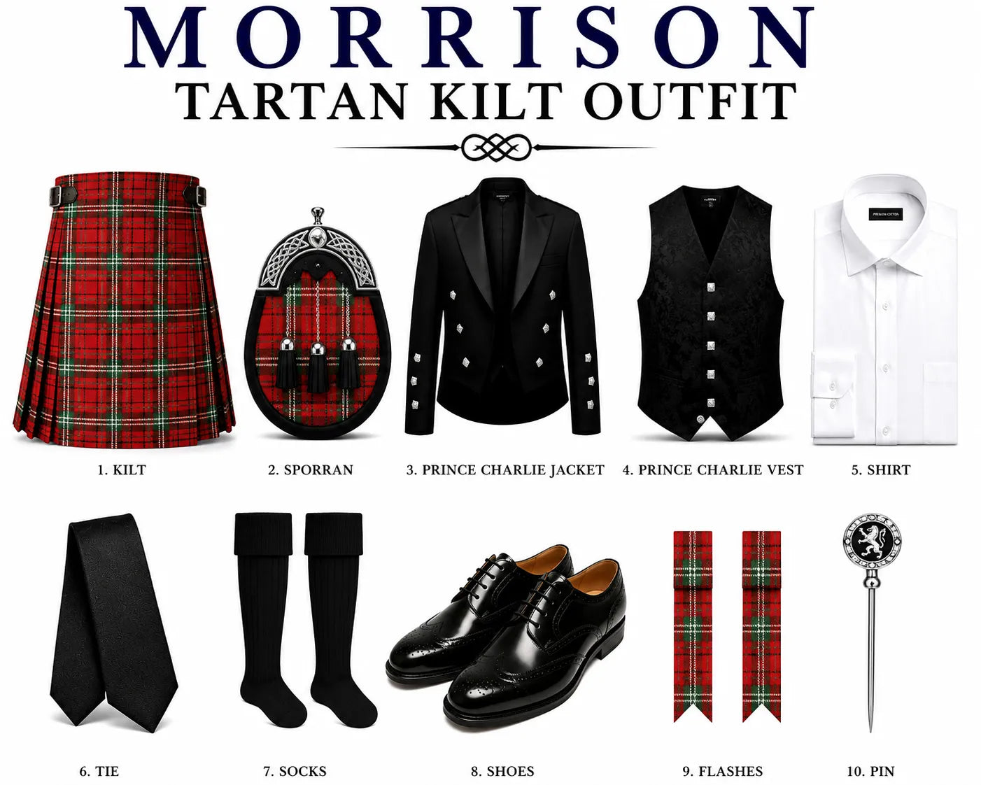 A product display sheet for the 'MORRISON TARTAN KILT OUTFIT' on a white background, showing 10 items numbered 1 to 10. The outfit includes a red tartan kilt, sporran, jacket, vest, shirt, tie, socks, shoes, and accessories.