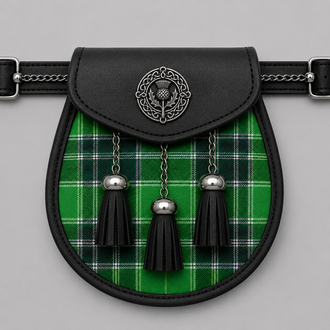 MacDonald Lord of the Isles Ancient tartan sporran displayed with traditional Scottish Highland kilt accessories