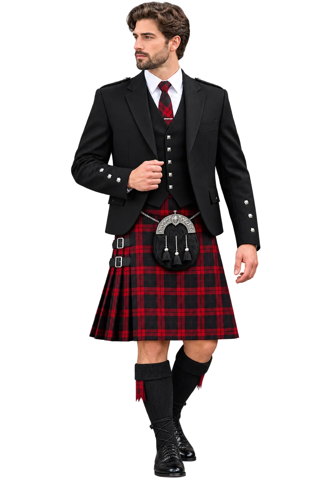 Complete MacDonald Tartan Outfit featuring a traditional Scottish kilt and coordinated Highland accessories