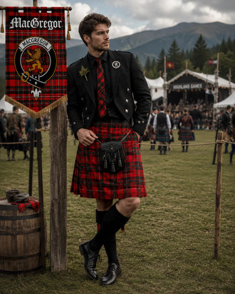 MacGregor Tartan Outfit With Prince Charlie Jacket featuring a traditional Scottish kilt and formal Highland accessories
