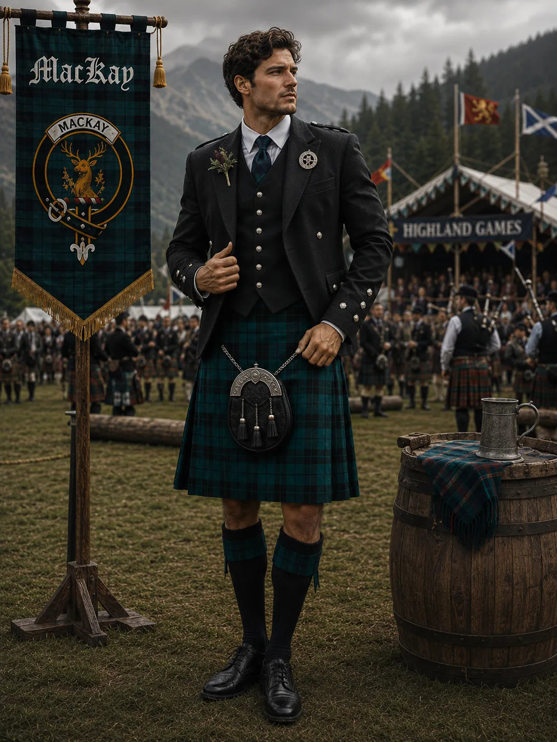 MacKay Tartan Outfit With Prince Charlie Jacket featuring a traditional Scottish kilt and formal Highland accessories