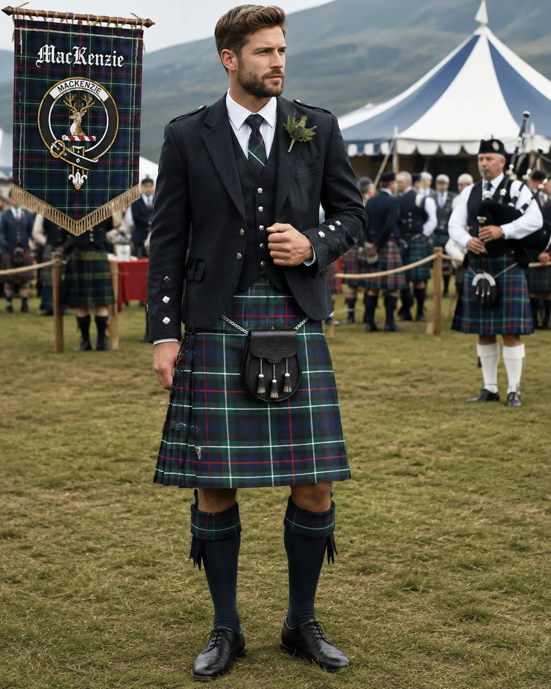 MacKenzie Tartan Outfit featuring a traditional Scottish kilt with coordinated Highland clothing and accessories