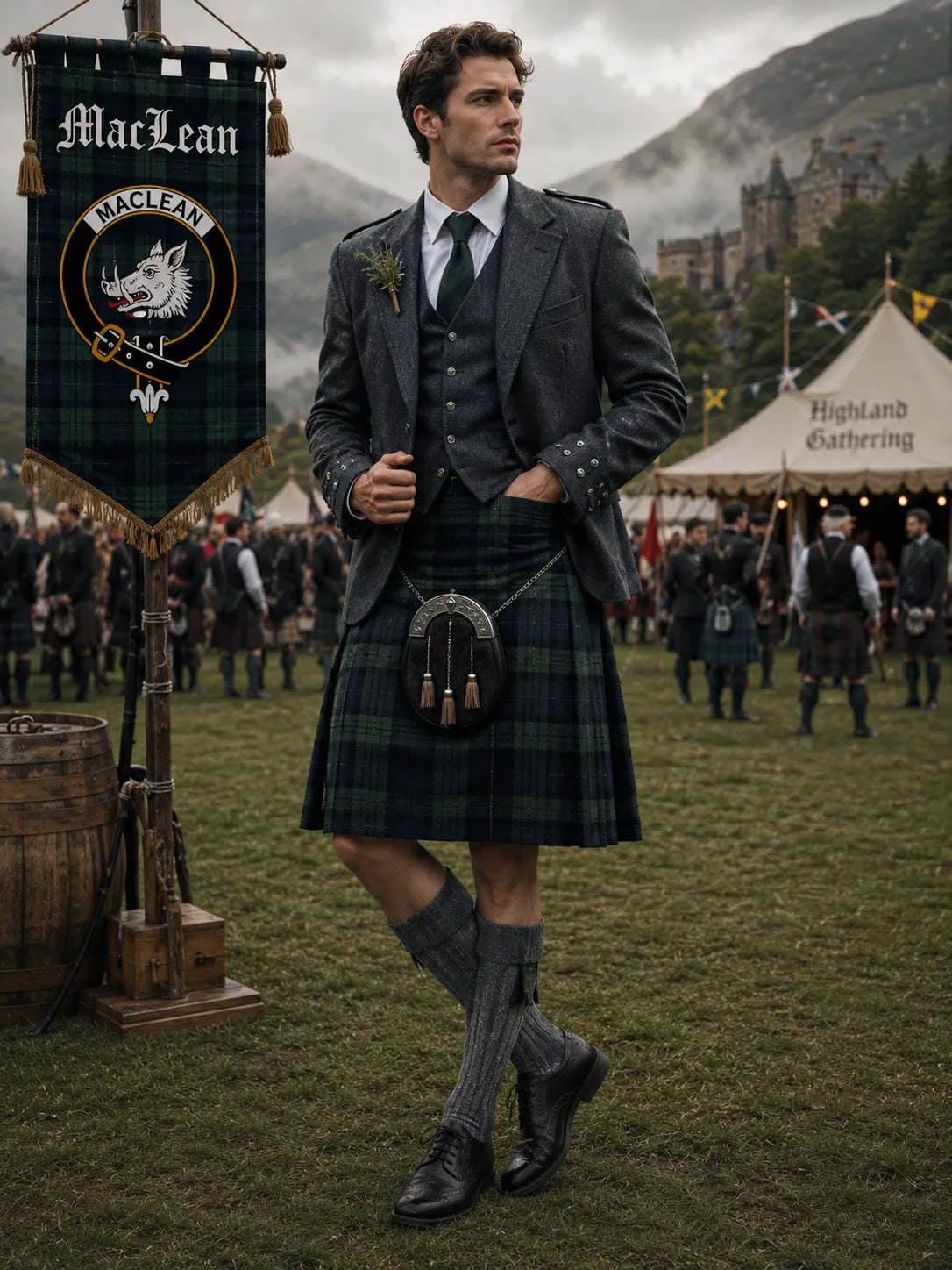 MacLean Tartan Outfit With Prince Charlie Jacket featuring a traditional Scottish kilt and formal Highland accessories