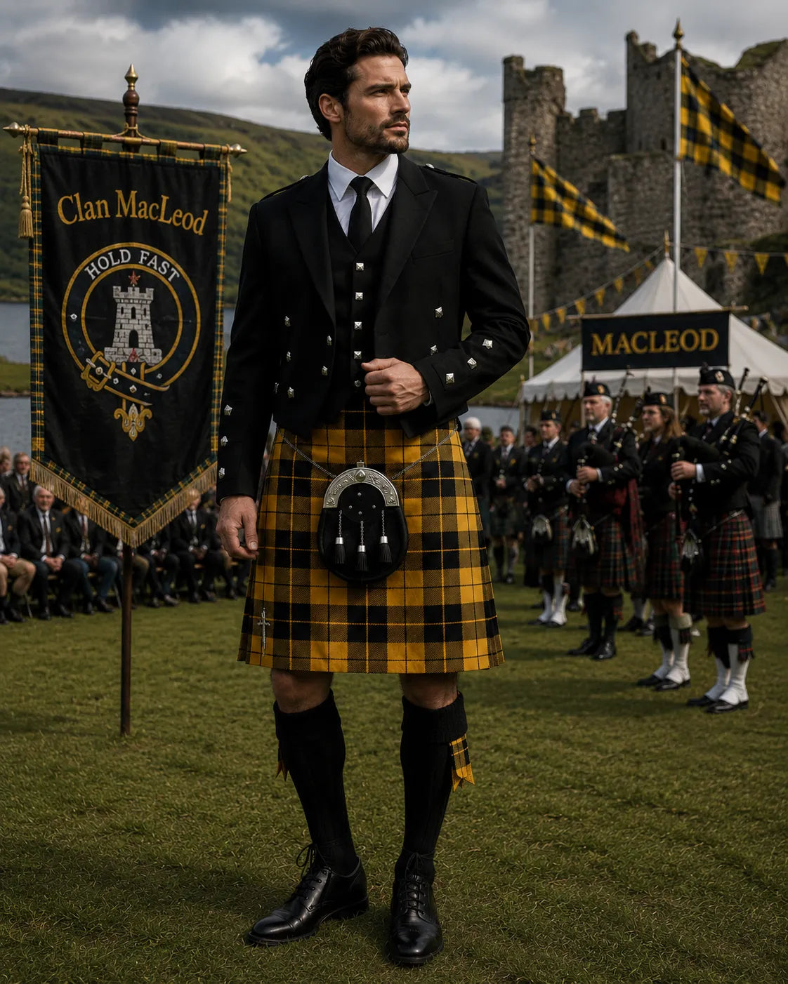 MacLeod Tartan Outfit featuring a traditional Scottish kilt with coordinated Highland clothing and accessories