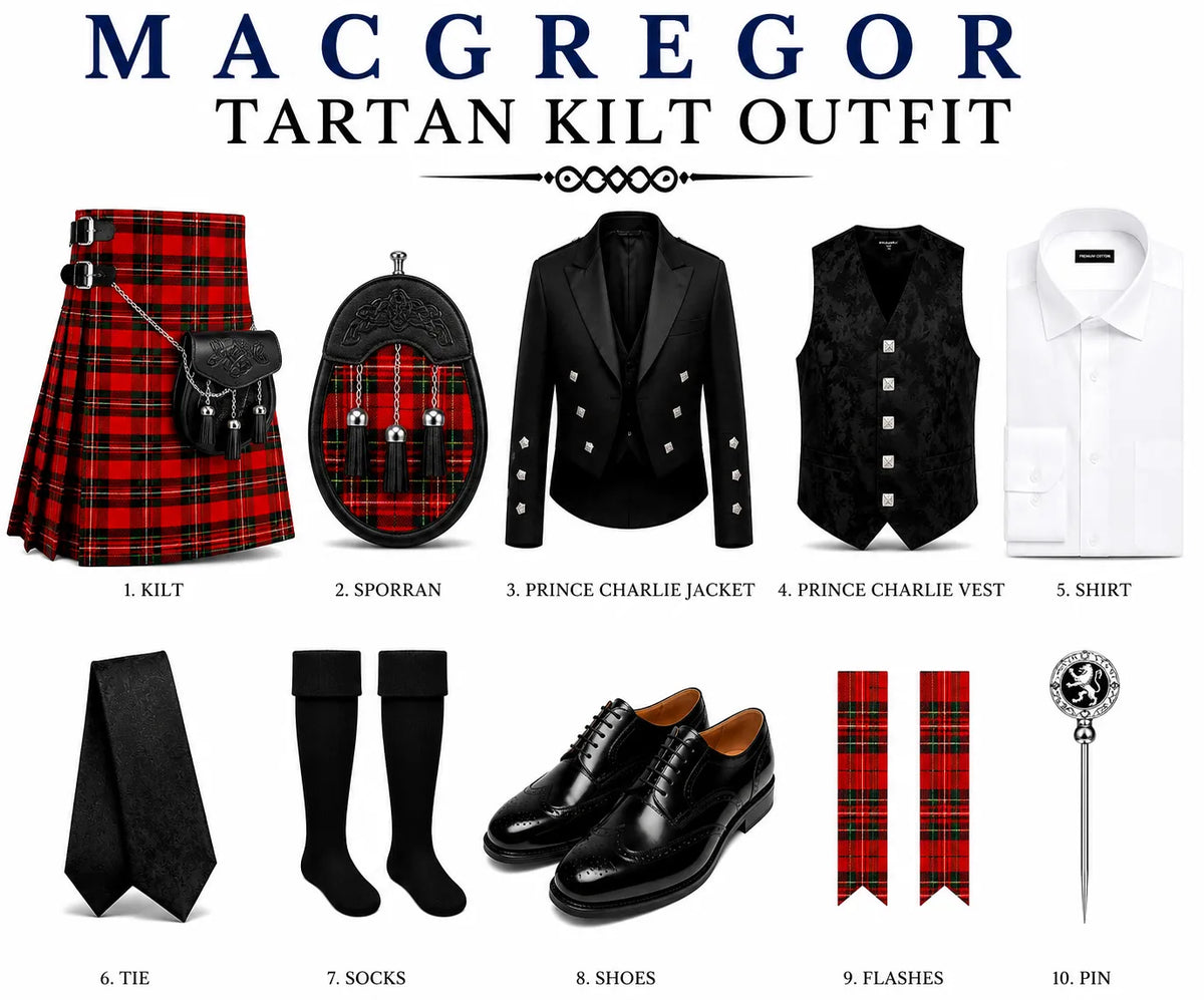 A product catalog layout for a 'Macgregor Tartan Kilt Outfit' showing multiple items: a red and black tartan kilt with a sporran, a black double-breasted jacket, a black vest, a white shirt, a black tie, black socks, black dress shoes, red tartan flag banners, and a silver pin, all labeled with numbers under a bold header.