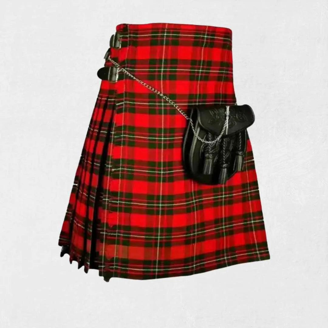 Red and black plaid skirt with a belt on a white background
