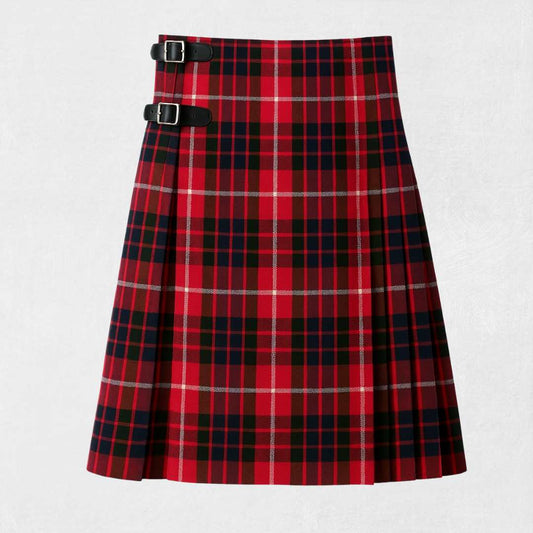 Red and black plaid skirt with a belt on a white background