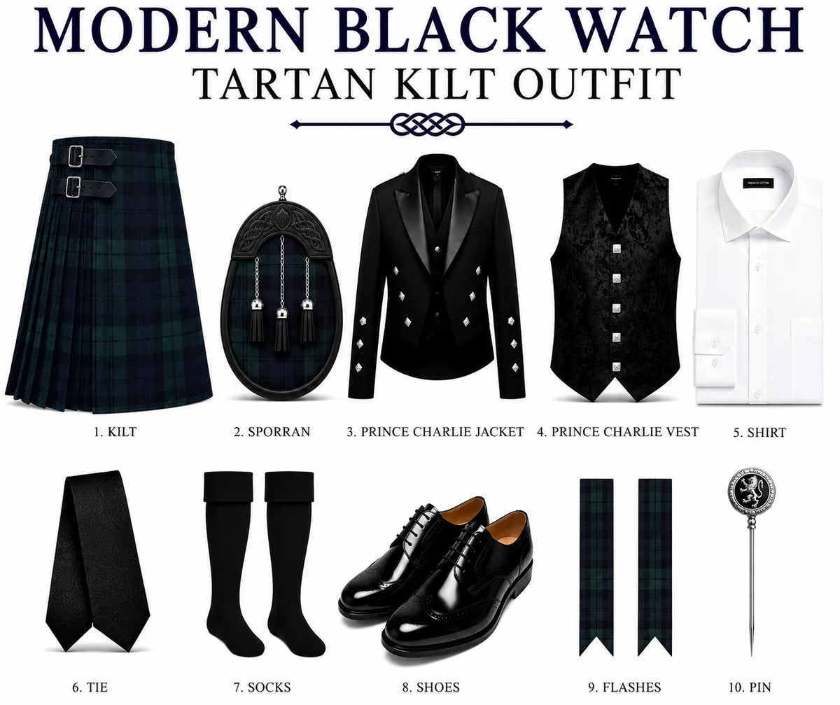 Modern Black Watch Tartan Kilt Outfit With Prince Charlie Jacket featuring a traditional Scottish kilt and formal Highland accessories