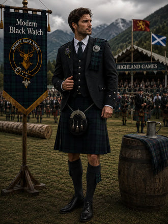 Modern Black Watch Tartan Outfit With Prince Charlie Jacket featuring a traditional Scottish kilt and formal Highland accessories
