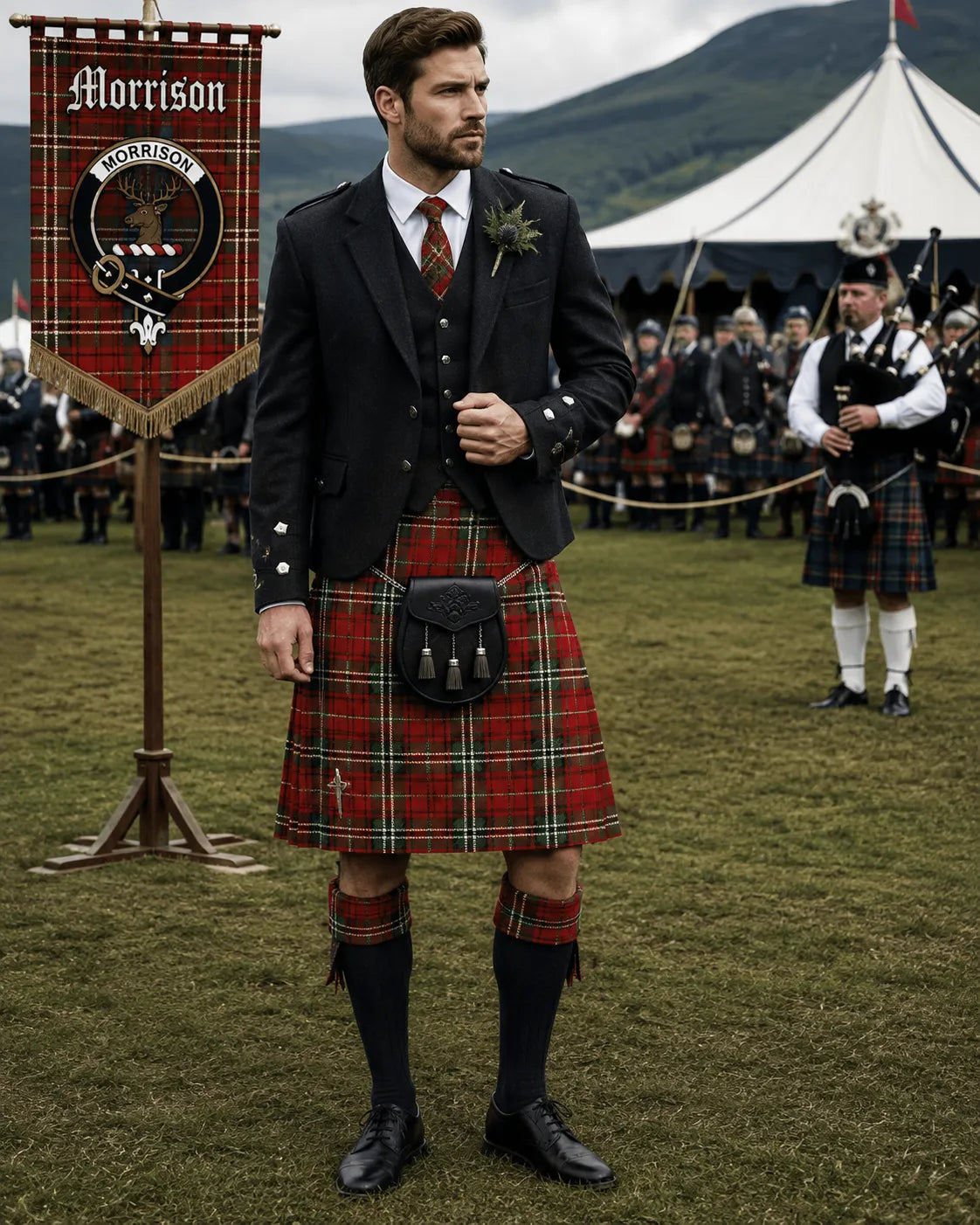 Morrison Tartan Outfit featuring a traditional Scottish kilt with coordinated Highland clothing and accessories