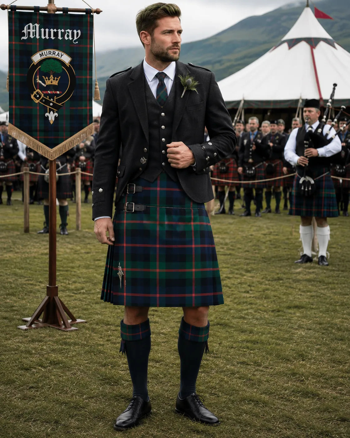 Murray Tartan Outfit With Prince Charlie Jacket featuring a traditional Scottish kilt and formal Highland accessories