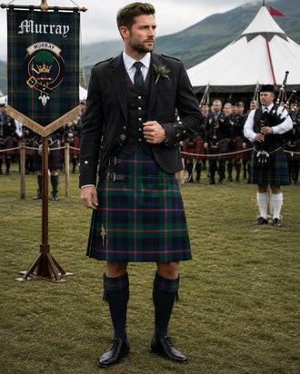 Murray Tartan Outfit With Prince Charlie Jacket featuring a traditional Scottish kilt and formal Highland accessories
