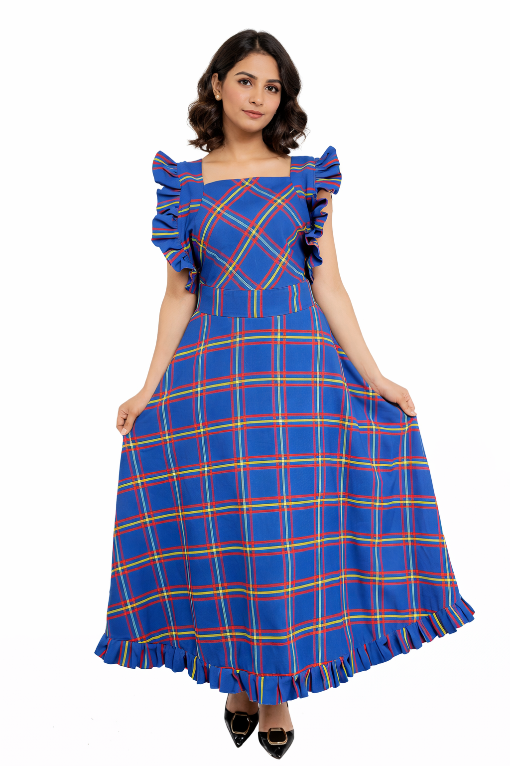 Ocean Mist tartan maxi dress for women with flowing design for weddings and elegant wear