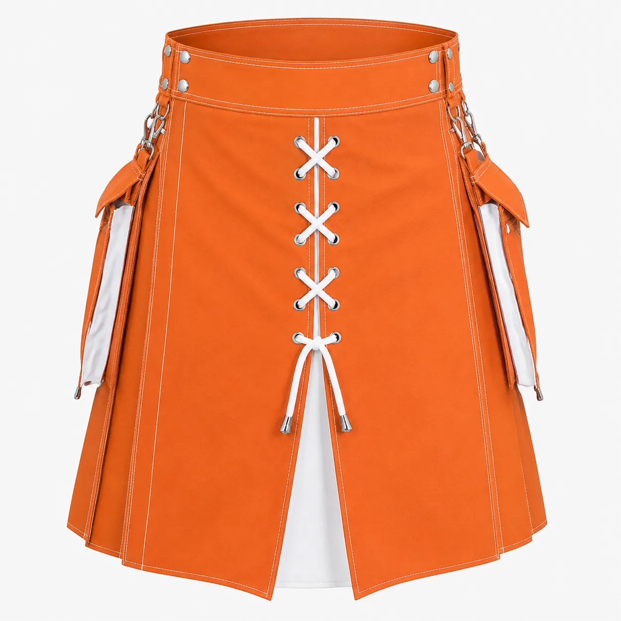Orange Hybrid Utility Kilt featuring orange cotton apron, tartan pleats, and detachable cargo pockets