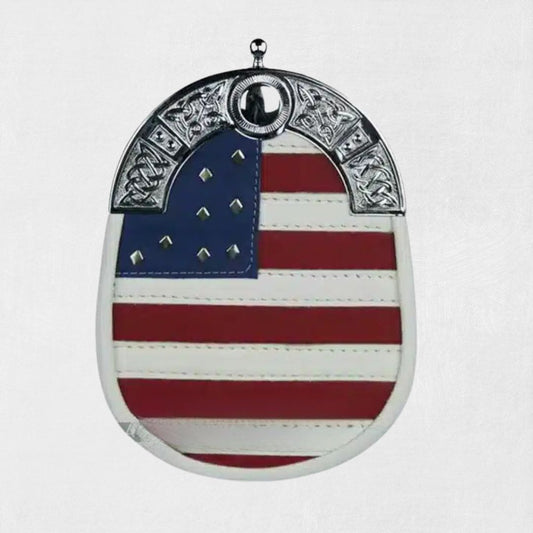 Front view of the Premium Quality American Flag Leather Sporran, showcasing the American flag design on high-quality leather, adding a patriotic touch to your kilt.