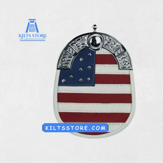 Front view of the Premium Quality American Flag Leather Sporran, showcasing the American flag design on high-quality leather, adding a patriotic touch to your kilt.
