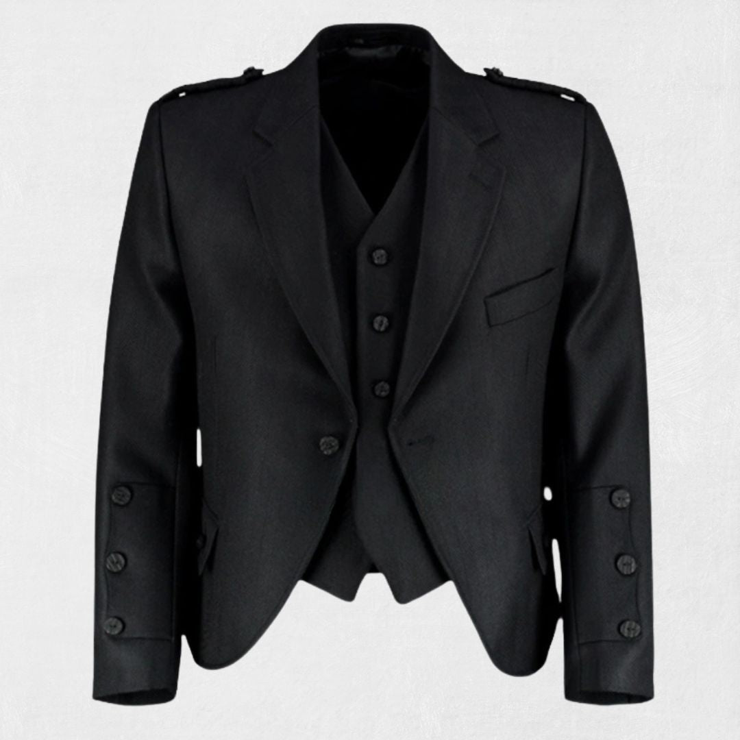 Front view of the Premium-Quality Black Argyle Tweed Jacket with Vest