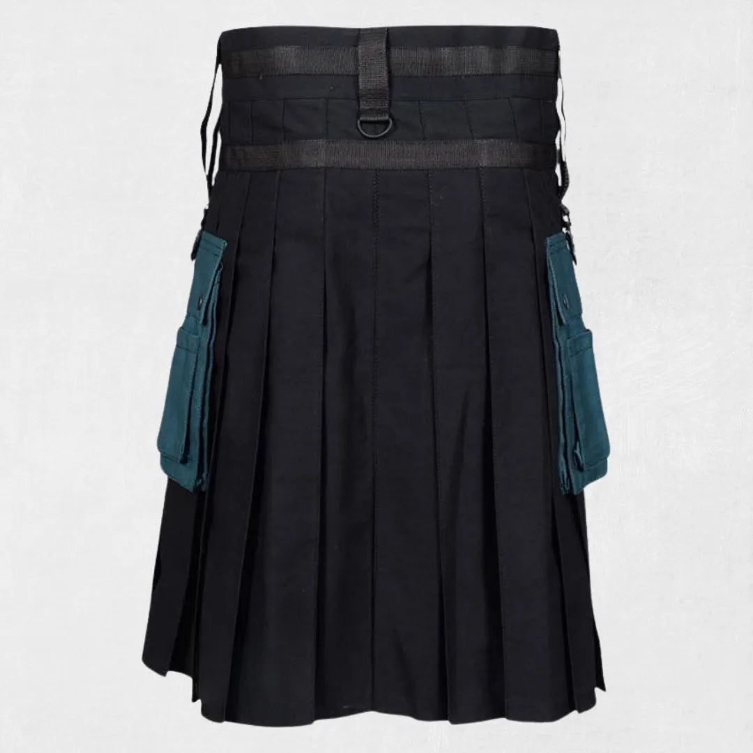 Side view of the Premium Quality Black Watch Hybrid Tartan Kilt highlighting premium craftsmanship and stylish fit.