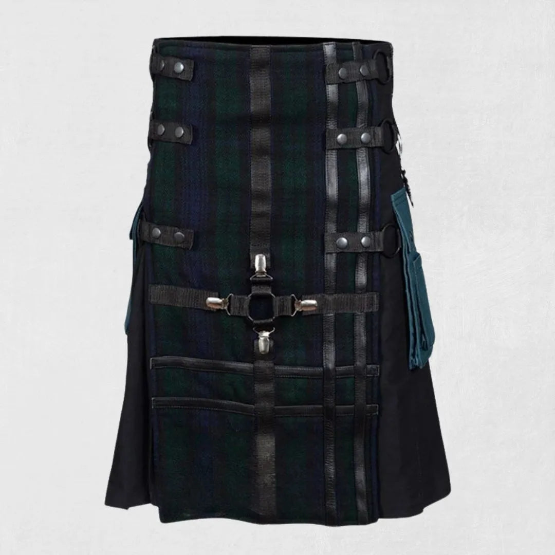 Front view of the Premium Quality Black Watch Hybrid Tartan Kilt showcasing classic tartan design and modern hybrid elements.